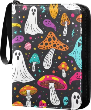 Halloween Colorful Mushrooms Ghost Pumpkins Card Binder 4 Pocket Trading Card Binder Portable Cards Collection Book with Zipper