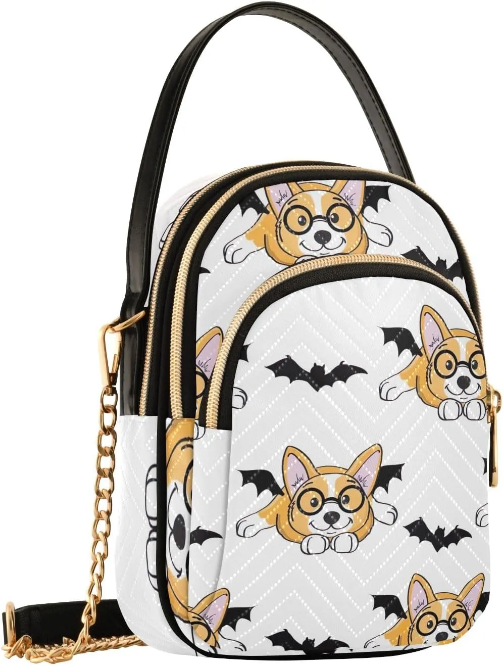 Halloween Dog Bat Costume Women's Crossbody Bags Quilted Purse with Chain Phone Purse Handbag