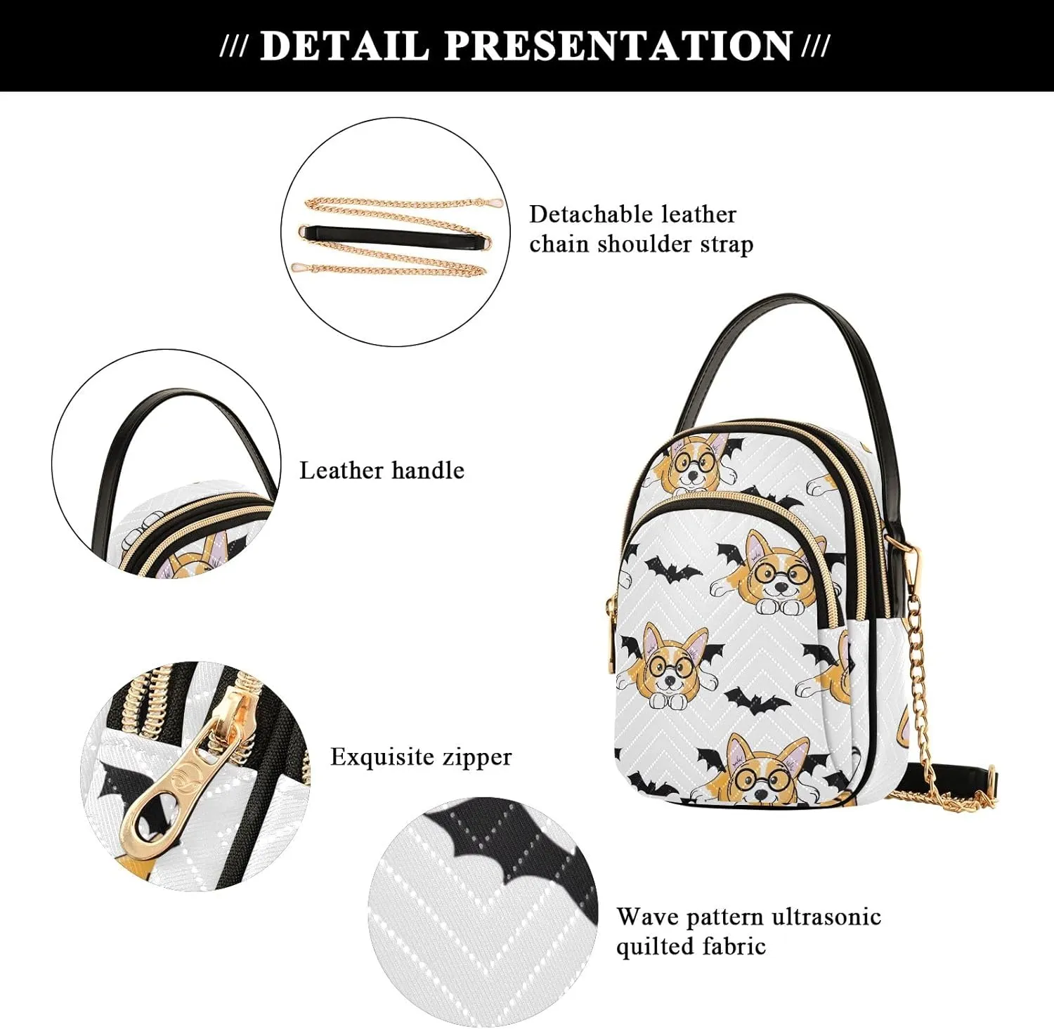 Halloween Dog Bat Costume Women's Crossbody Bags Quilted Purse with Chain Phone Purse Handbag