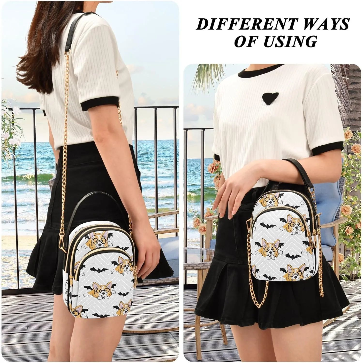 Halloween Dog Bat Costume Women's Crossbody Bags Quilted Purse with Chain Phone Purse Handbag