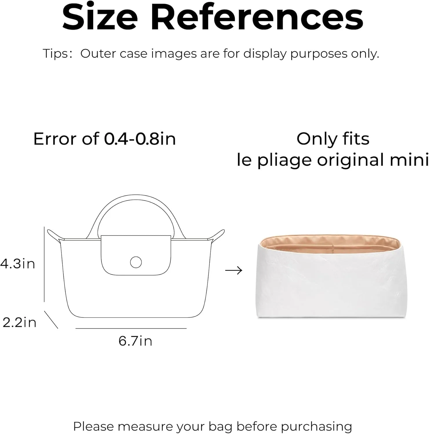 Handbag Organizer Insert for Le Pliage Original Pouch with Handle, Custom Fit Inside Premium Vanile Lightweight Water-Resistant Purse Insert Accessories