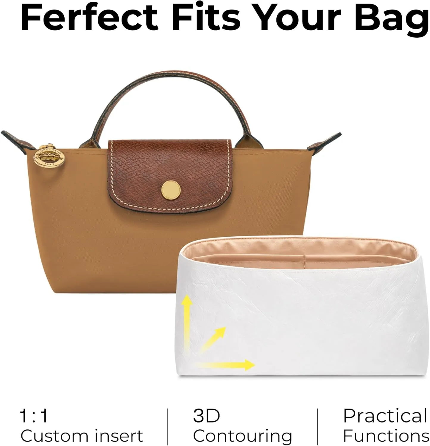 Handbag Organizer Insert for Le Pliage Original Pouch with Handle, Custom Fit Inside Premium Vanile Lightweight Water-Resistant Purse Insert Accessories