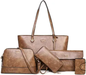 Handbag Set for Women 5 Pack Tote Purse Handbags Set PU Leather Satchel Bag