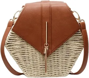 Handmade Stylish Hexagonal Straw Leather Crossbody Bag, Summer Beach Chic Woven Boho Shoulder Purse Casual Satchel Clutch