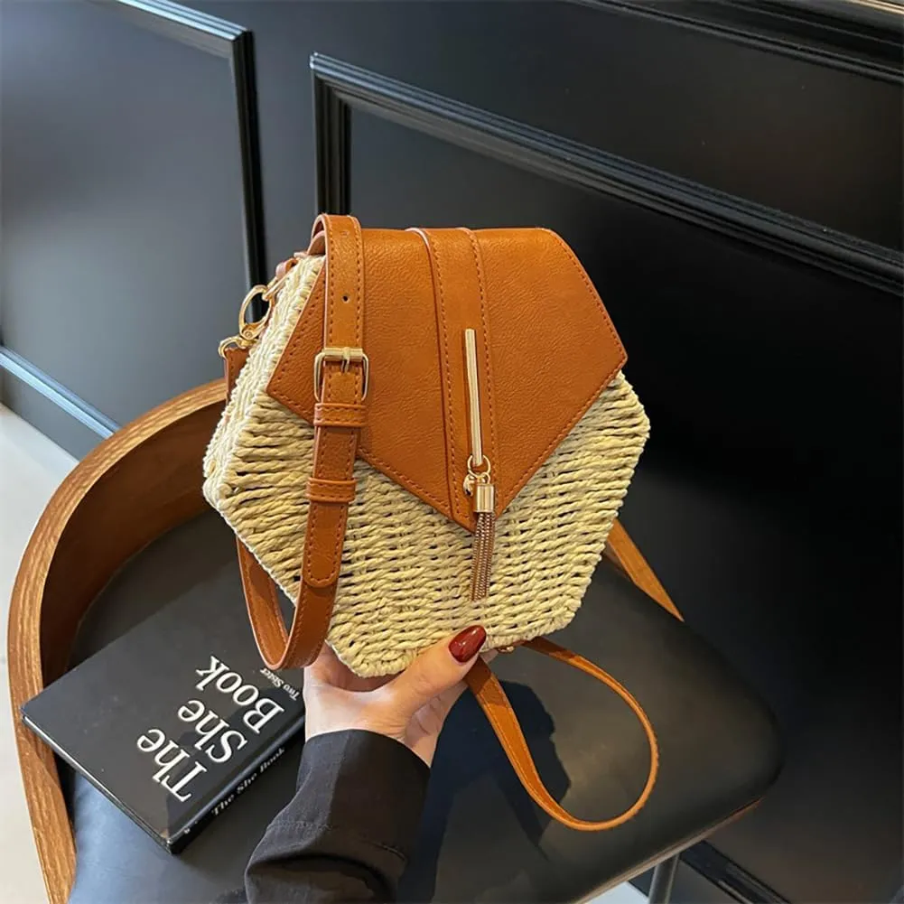 Handmade Stylish Hexagonal Straw Leather Crossbody Bag, Summer Beach Chic Woven Boho Shoulder Purse Casual Satchel Clutch