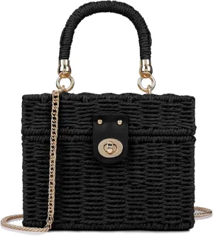 Handwoven Rattan Bag for Women Wicker Crossbody Shoulder Bag Straw Beach Tote Bag Top Handle Satchel Handbag with Chain Strap