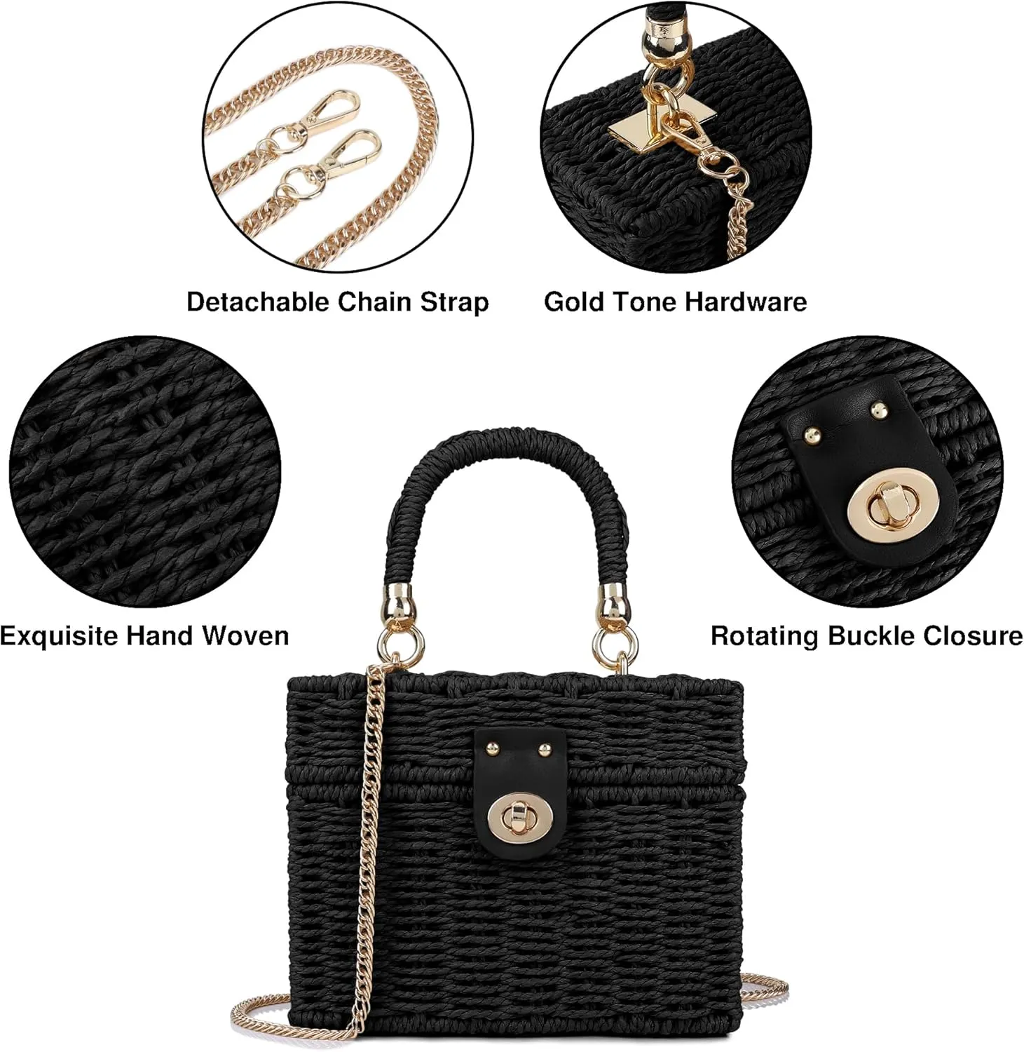 Handwoven Rattan Bag for Women Wicker Crossbody Shoulder Bag Straw Beach Tote Bag Top Handle Satchel Handbag with Chain Strap