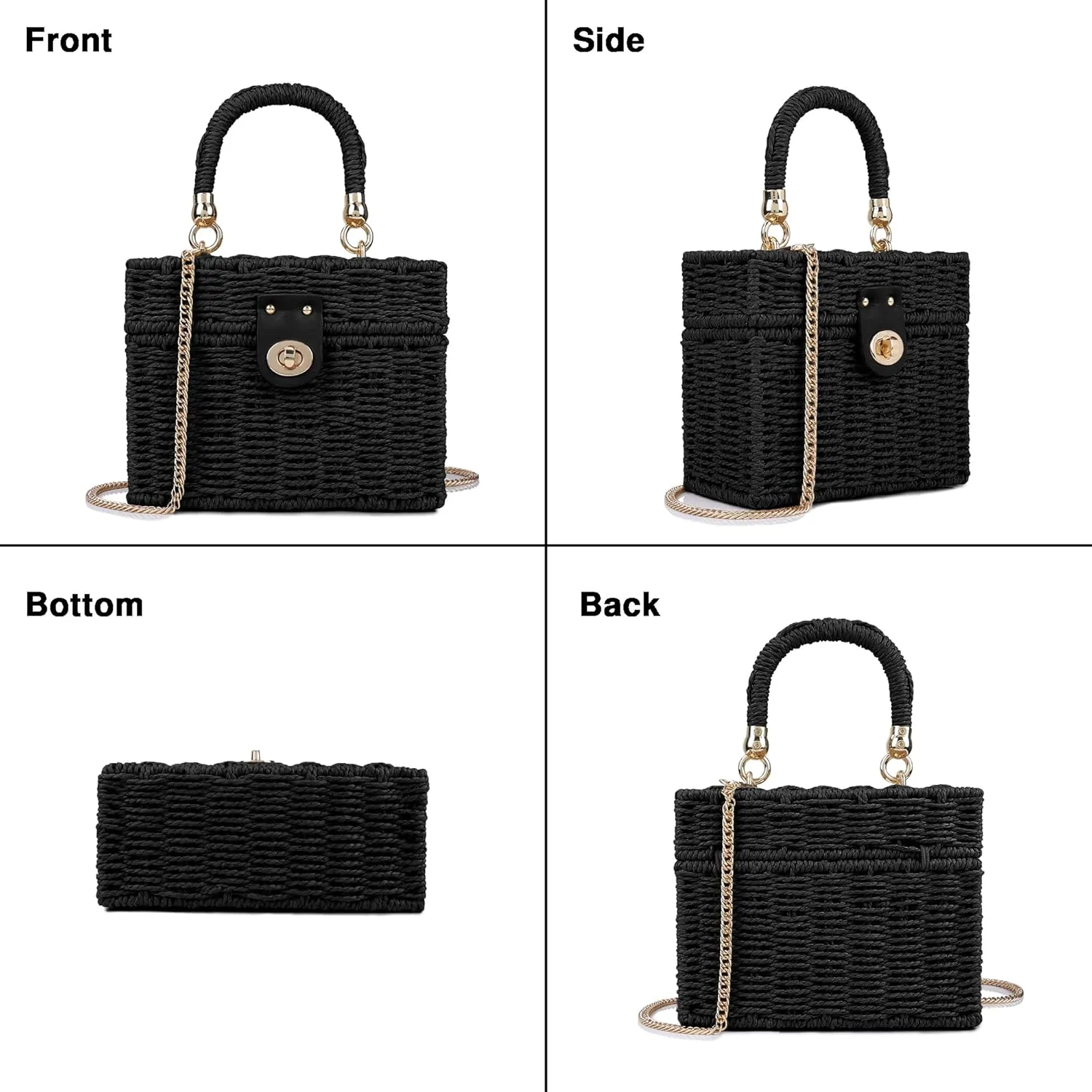 Handwoven Rattan Bag for Women Wicker Crossbody Shoulder Bag Straw Beach Tote Bag Top Handle Satchel Handbag with Chain Strap