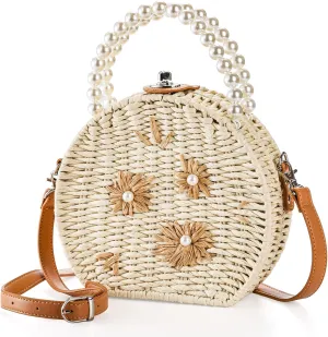 Handwoven Round Rattan Bag, 8" Straw Crossbody Bags with Adjustable Straps, Top Pearl Handle Wicker Tote Bag, Boho Summer Beach Basket Purse, Flower Woven Shoulder Bag for Women Lady