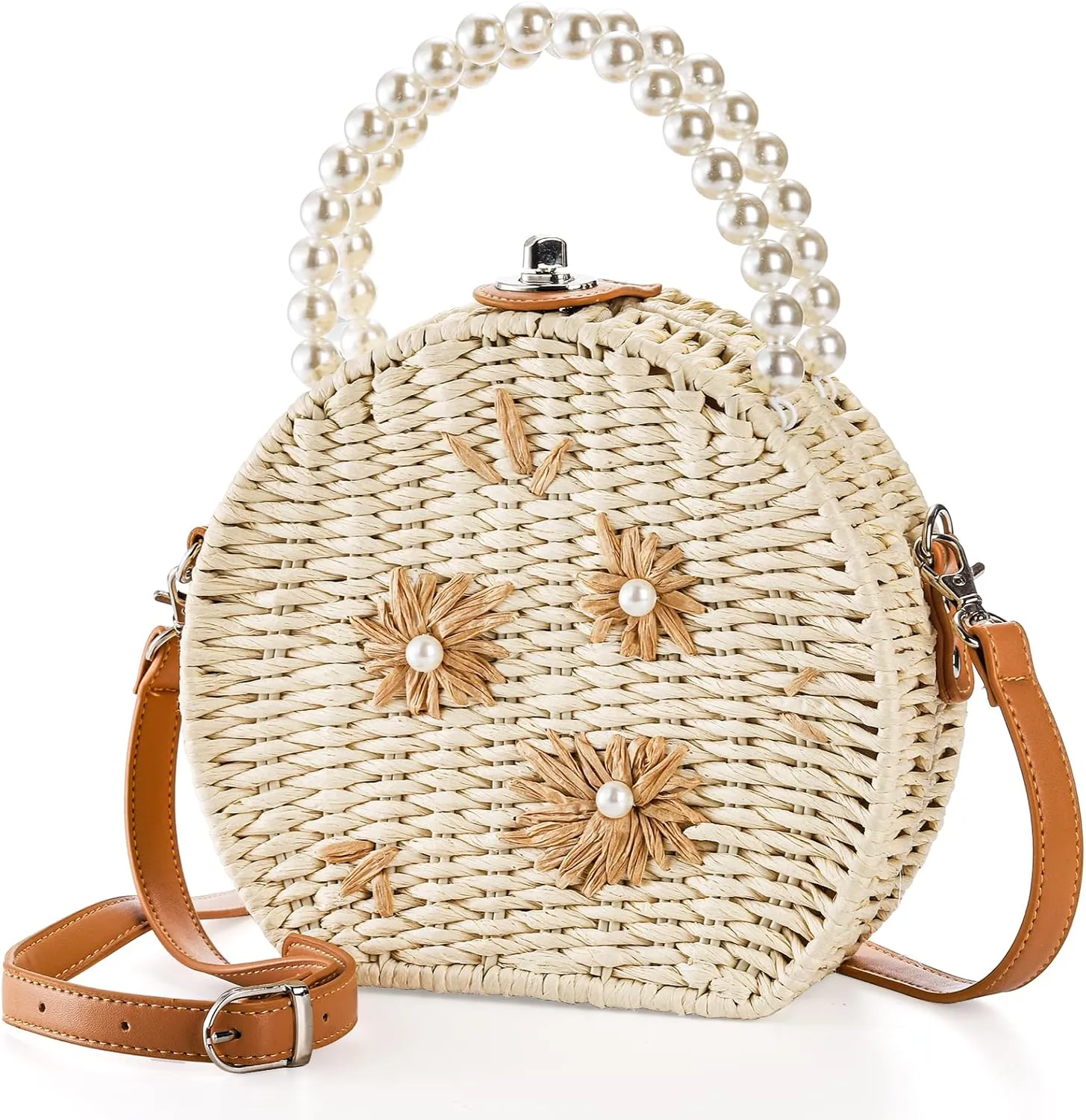 Handwoven Round Rattan Bag, 8" Straw Crossbody Bags with Adjustable Straps, Top Pearl Handle Wicker Tote Bag, Boho Summer Beach Basket Purse, Flower Woven Shoulder Bag for Women Lady