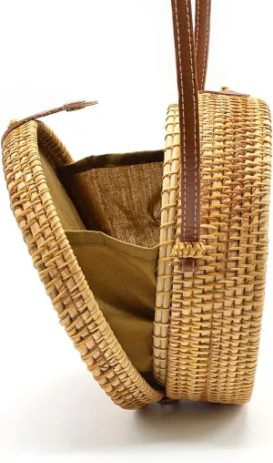 Handwoven Round Rattan Bag Women Beach Straw Crossbody Bag Chic Shoulder Bag with Leather Strap