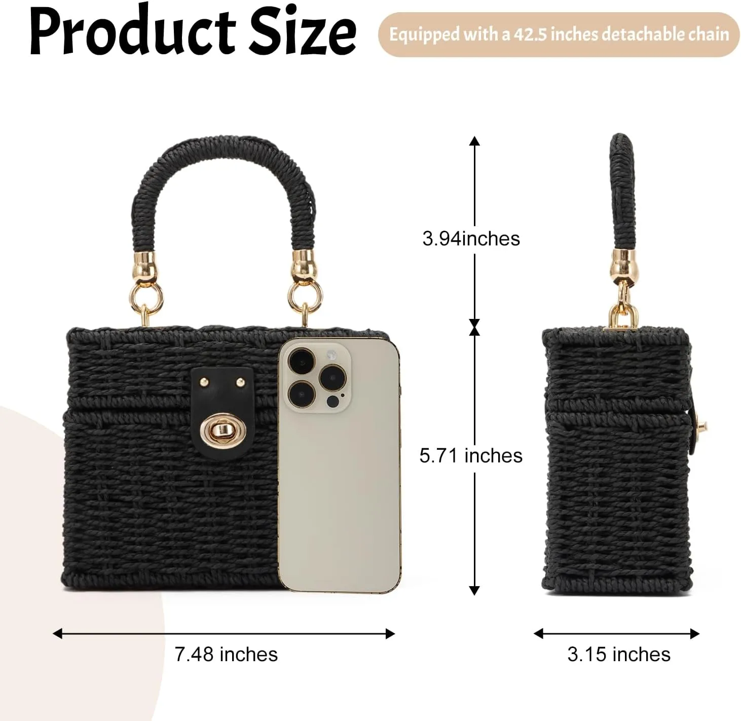 Handwoven Straw Basket Bag for Women Small Rattan Square Tote Wicker Straw Crossbody Bag