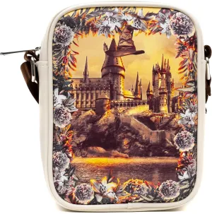 Harry Potter Vegan Leather Round Crossbody Bag with Adjustable Straps, Hogwarts Floral Fantasy Off White