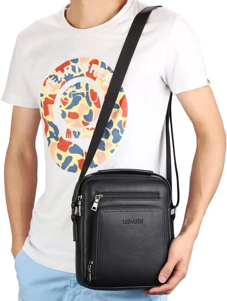 Hebetag Small Leather Sling Shoulder Bag Messenger Pack for Men Women Outdoor Travel Business
