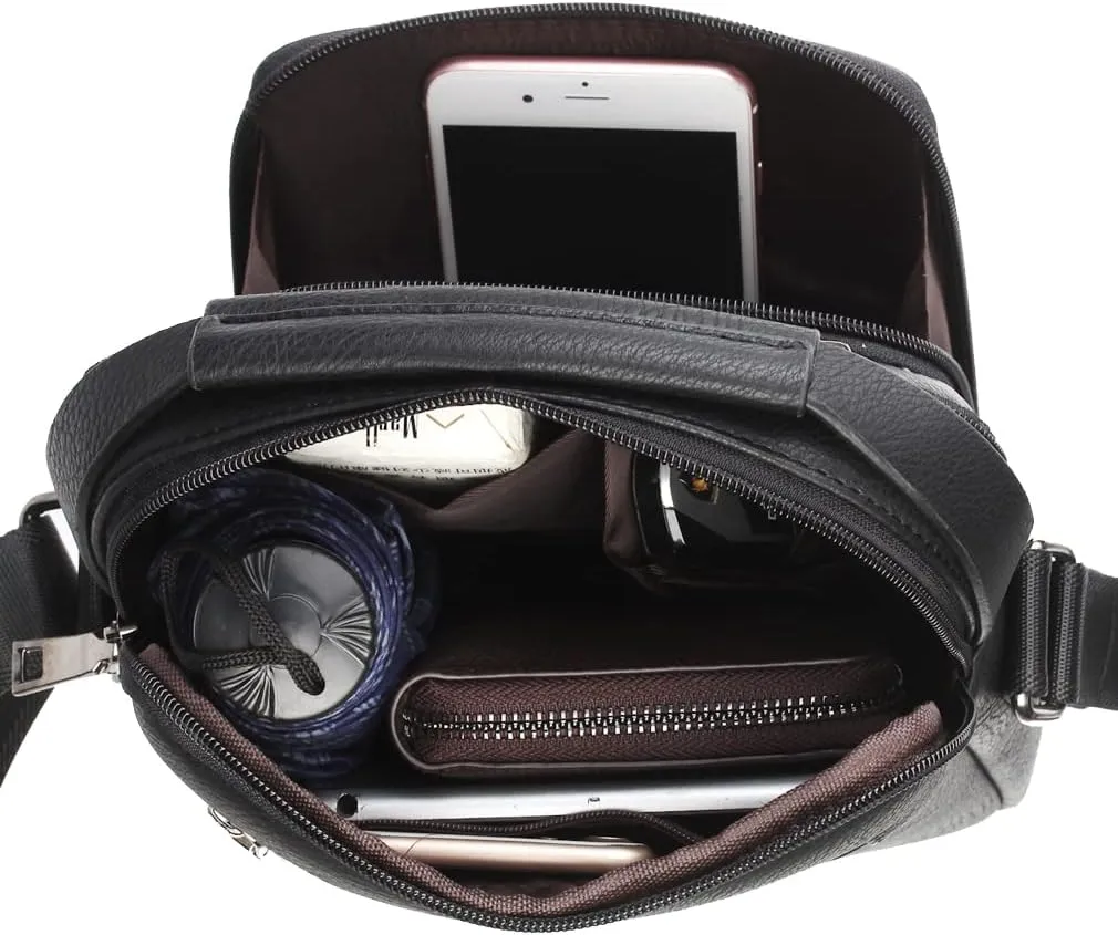 Hebetag Small Leather Sling Shoulder Bag Messenger Pack for Men Women Outdoor Travel Business