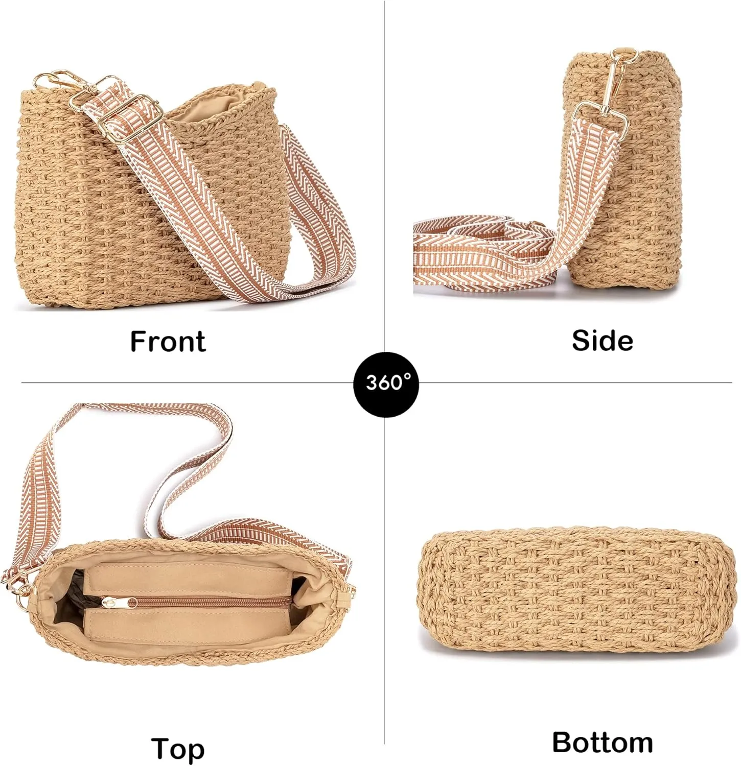 Herald Small Handmade Straw Pocketbook Crossbody Bag for Women, Summer Chic Woven Handbag Shoulder Purse with Chain