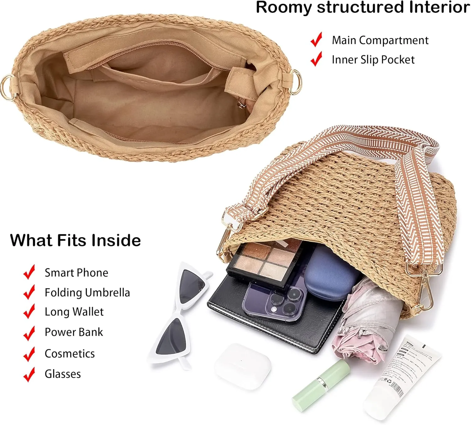 Herald Small Handmade Straw Pocketbook Crossbody Bag for Women, Summer Chic Woven Handbag Shoulder Purse with Chain