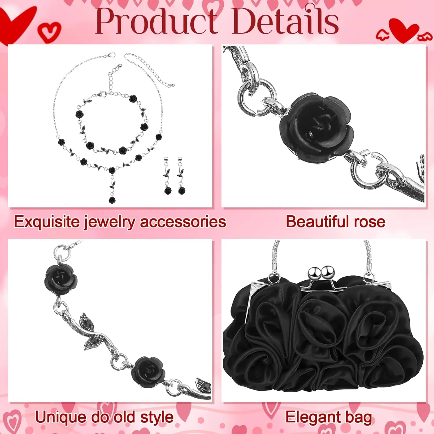 Hicarer 5 Pcs Women Rose Clutch Purse Rose Jewelry Set Evening Handbag Gold Necklace Earrings Bracelet for Wedding Gifts