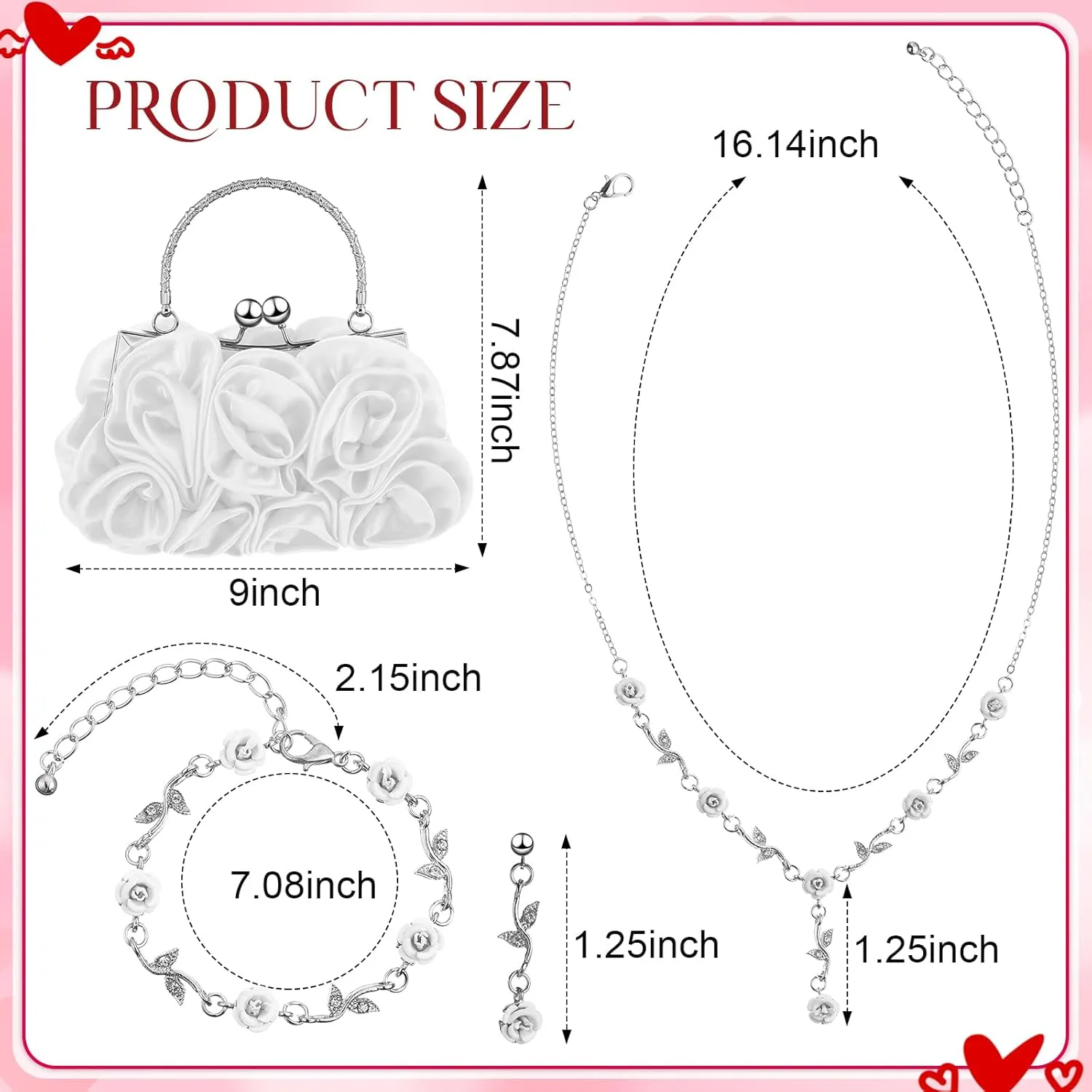 Hicarer 5 Pcs Women Rose Clutch Purse Rose Jewelry Set Evening Handbag Gold Necklace Earrings Bracelet for Wedding Gifts