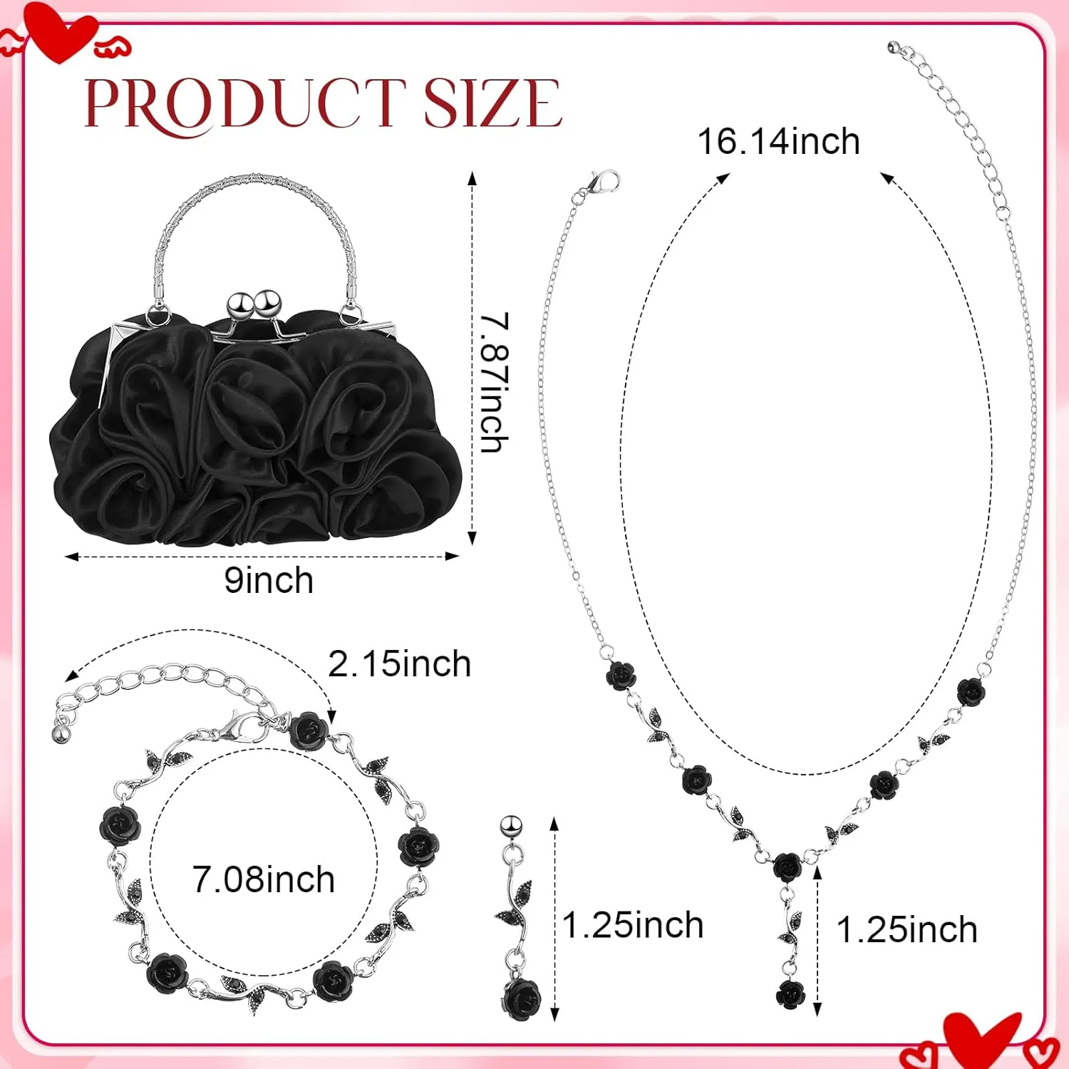 Hicarer 5 Pcs Women Rose Clutch Purse Rose Jewelry Set Evening Handbag Gold Necklace Earrings Bracelet for Wedding Gifts