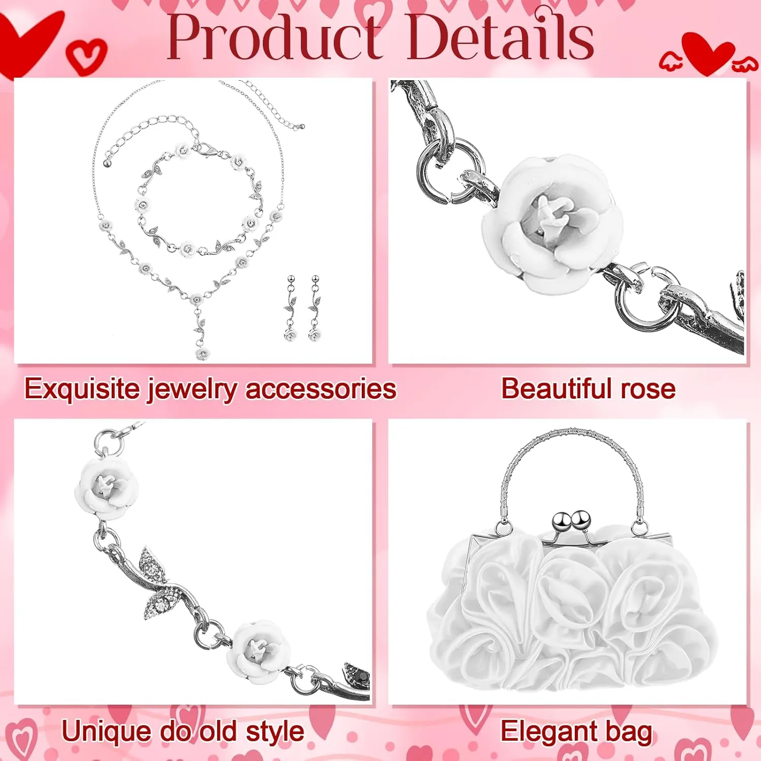 Hicarer 5 Pcs Women Rose Clutch Purse Rose Jewelry Set Evening Handbag Gold Necklace Earrings Bracelet for Wedding Gifts
