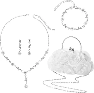 Hicarer 5 Pcs Women Rose Clutch Purse Rose Jewelry Set Evening Handbag Gold Necklace Earrings Bracelet for Wedding Gifts