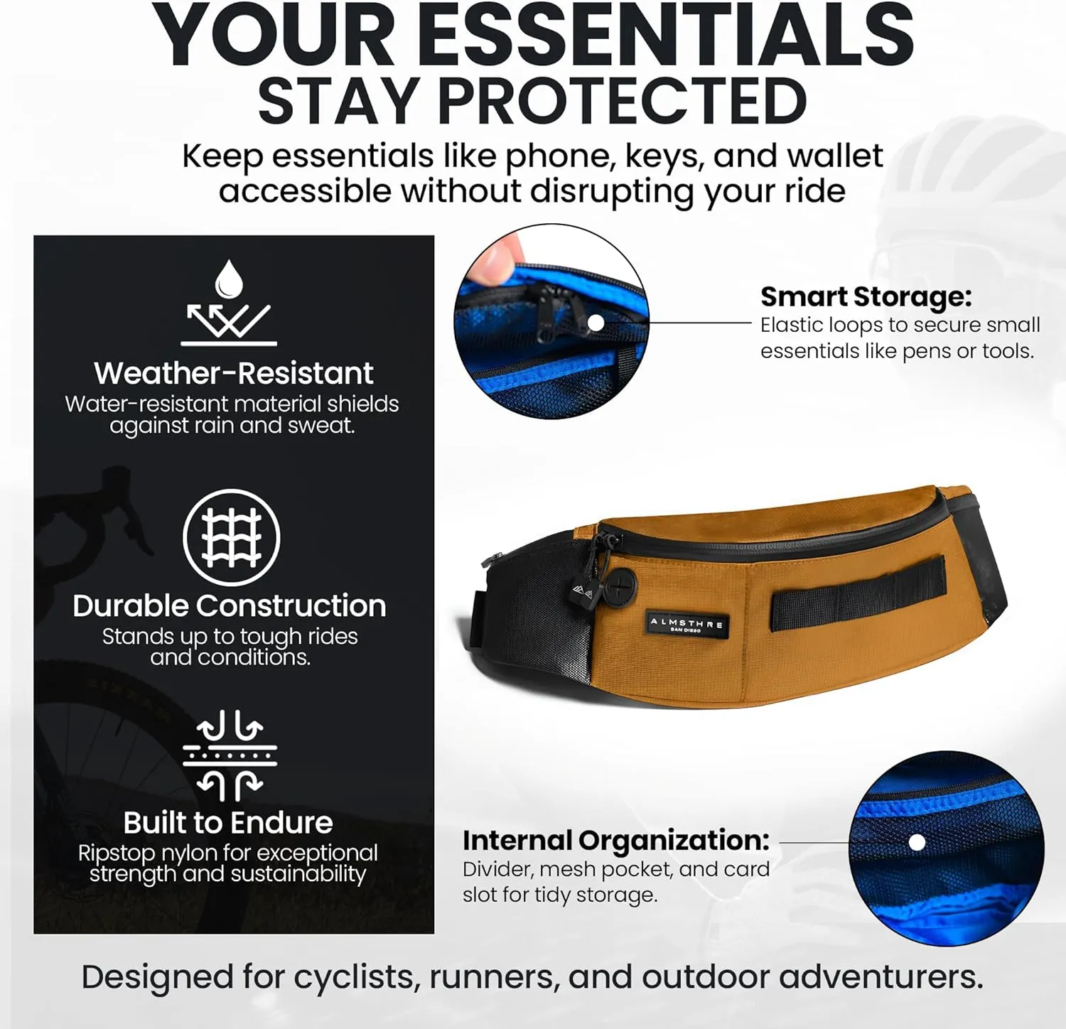 Hip Pack - California Gold | Durable & Waterproof Fanny Pack for Cyclists | Adjustable Fit with Organized Storage | Recycled Ripstop Nylon for Biking, Hiking, and Everyday Carry