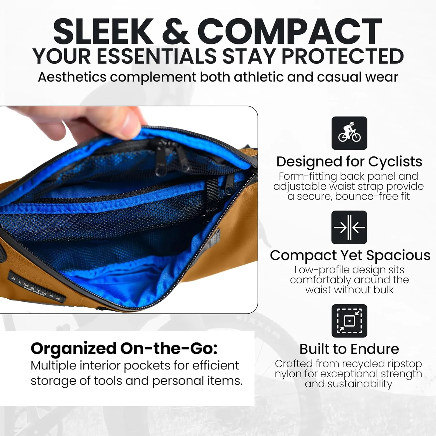 Hip Pack - California Gold | Durable & Waterproof Fanny Pack for Cyclists | Adjustable Fit with Organized Storage | Recycled Ripstop Nylon for Biking, Hiking, and Everyday Carry