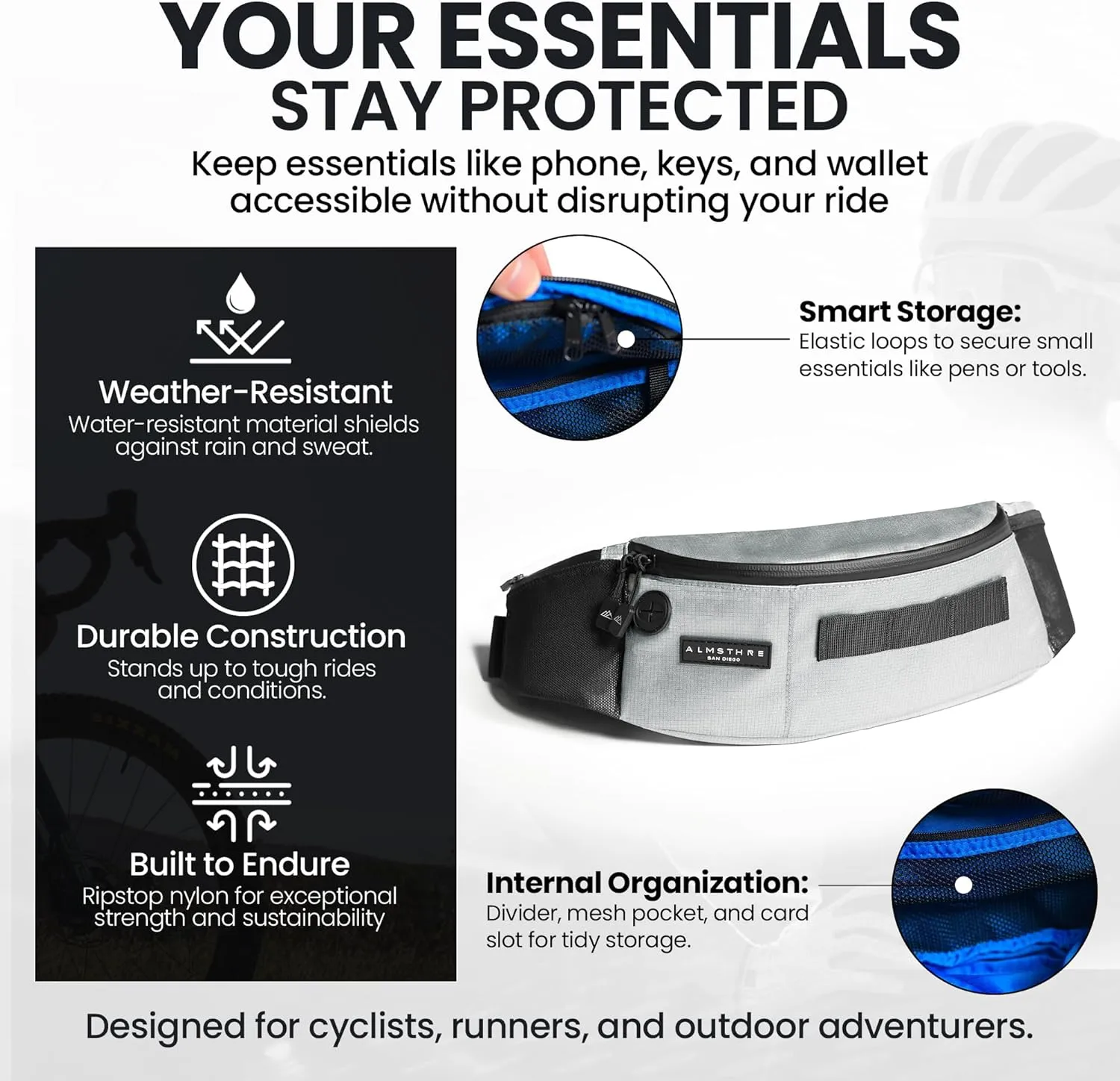 Hip Pack - Sterling Silver | Durable & Waterproof Fanny Pack for Cyclists | Adjustable Fit with Organized Storage | Recycled Ripstop Nylon for Biking, Hiking, and Everyday Carry