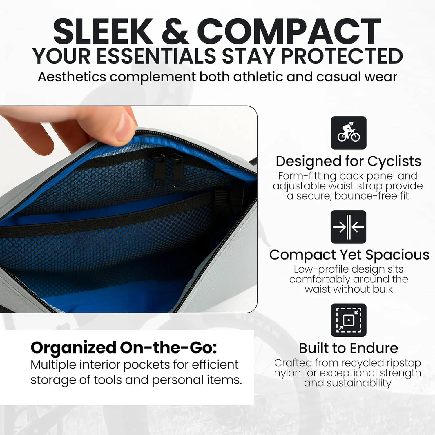 Hip Pack - Sterling Silver | Durable & Waterproof Fanny Pack for Cyclists | Adjustable Fit with Organized Storage | Recycled Ripstop Nylon for Biking, Hiking, and Everyday Carry