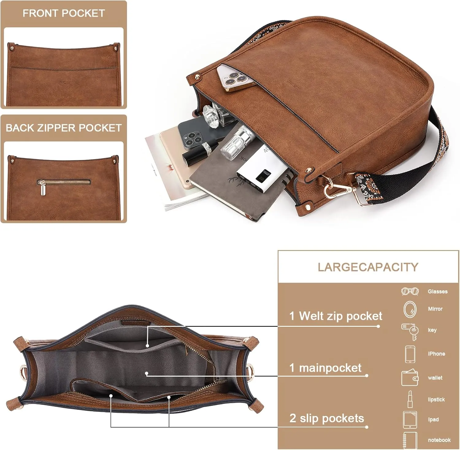 HKCLUF Crossbody Bags for Women Trendy Vegan Leather Hobo Handbags With 2PCS Adjustable Guitar Strap Shoulder Bucket Bags