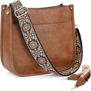 HKCLUF Crossbody Bags for Women Trendy Vegan Leather Hobo Handbags With 2PCS Adjustable Guitar Strap Shoulder Bucket Bags