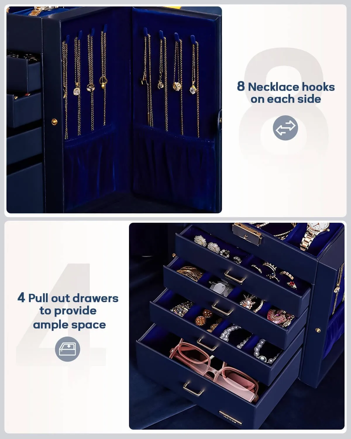 Homde Mother's Day Gifts Synthetic Leather Huge Jewelry Box Mirrored Watch Organizer Necklace Ring Earring Storage Lockable Gift Case (Dark Blue   Gold)