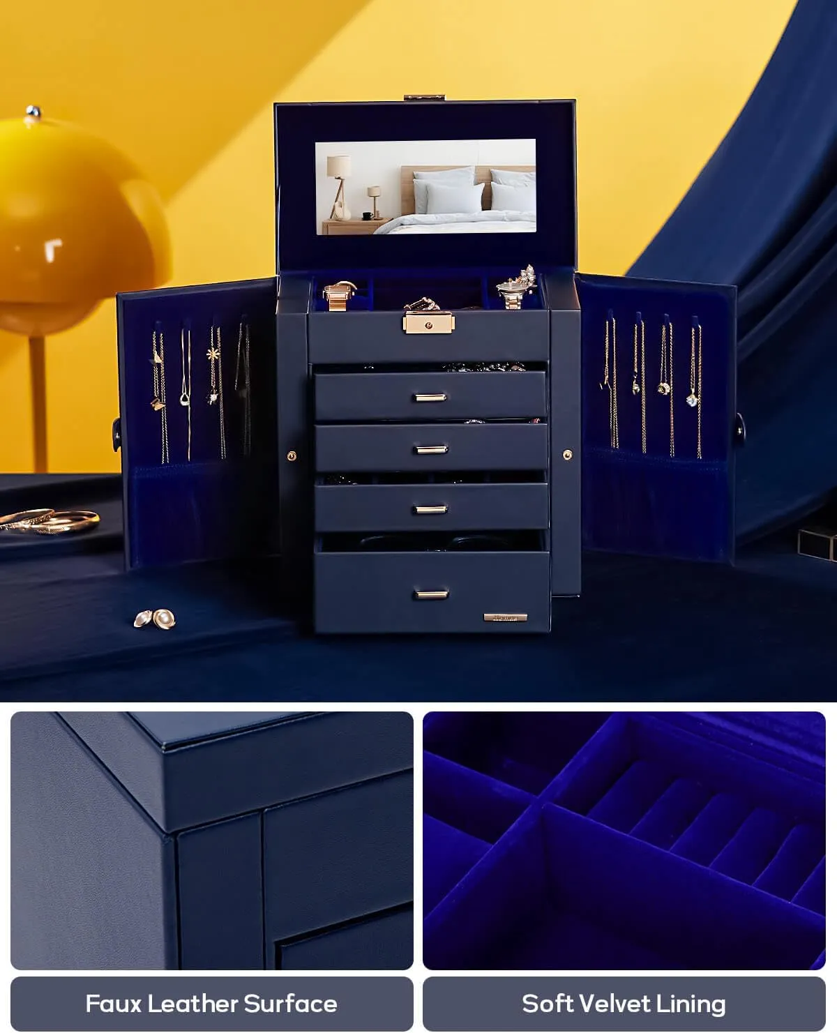 Homde Mother's Day Gifts Synthetic Leather Huge Jewelry Box Mirrored Watch Organizer Necklace Ring Earring Storage Lockable Gift Case (Dark Blue   Gold)