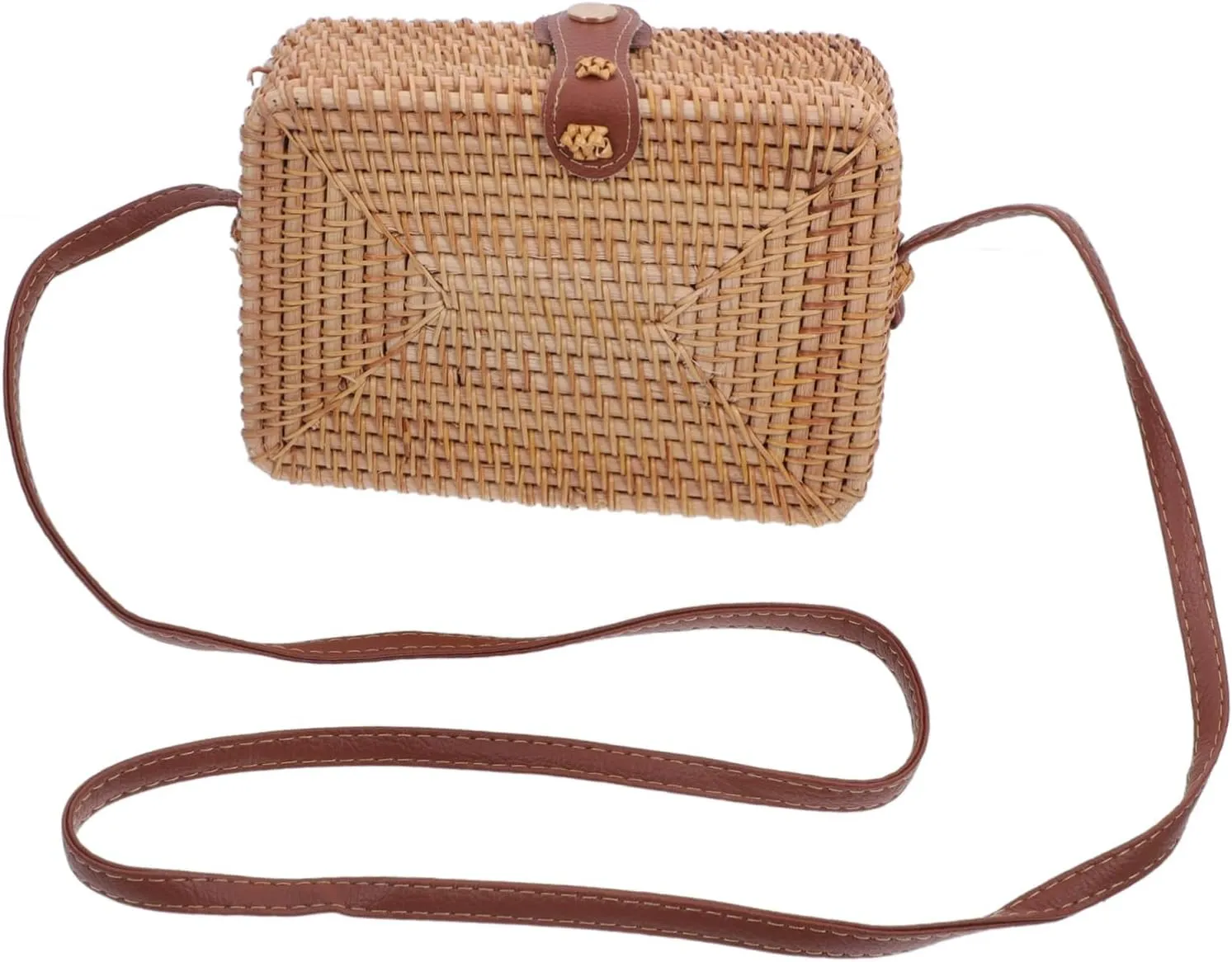 Homoyoyo Woven Rattan Handbag for Women Square Shape Bag Crossbody Purse Leather Shoulder Strap Fashion and Comfortable, Light Brown, 19x13cm