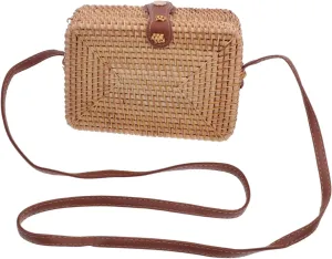 Homoyoyo Woven Rattan Handbag for Women Square Shape Bag Crossbody Purse Leather Shoulder Strap Fashion and Comfortable, Light Brown, 19x13cm