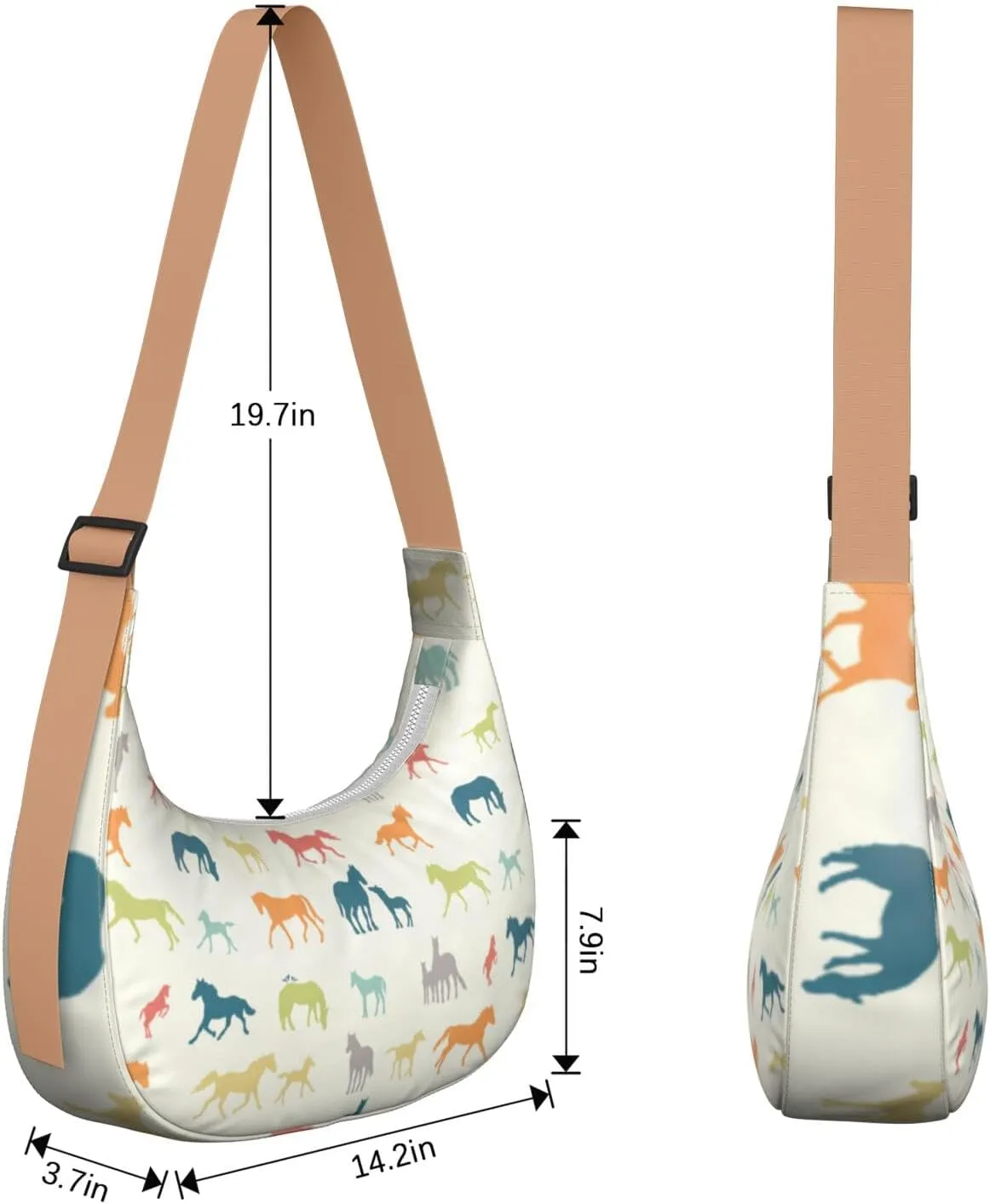 Horse Sling Crossbody Bag for Women Crescent Bag with Adjustable Strap Waterproof Nylon Pony Floral Shoulder Bag for Daily