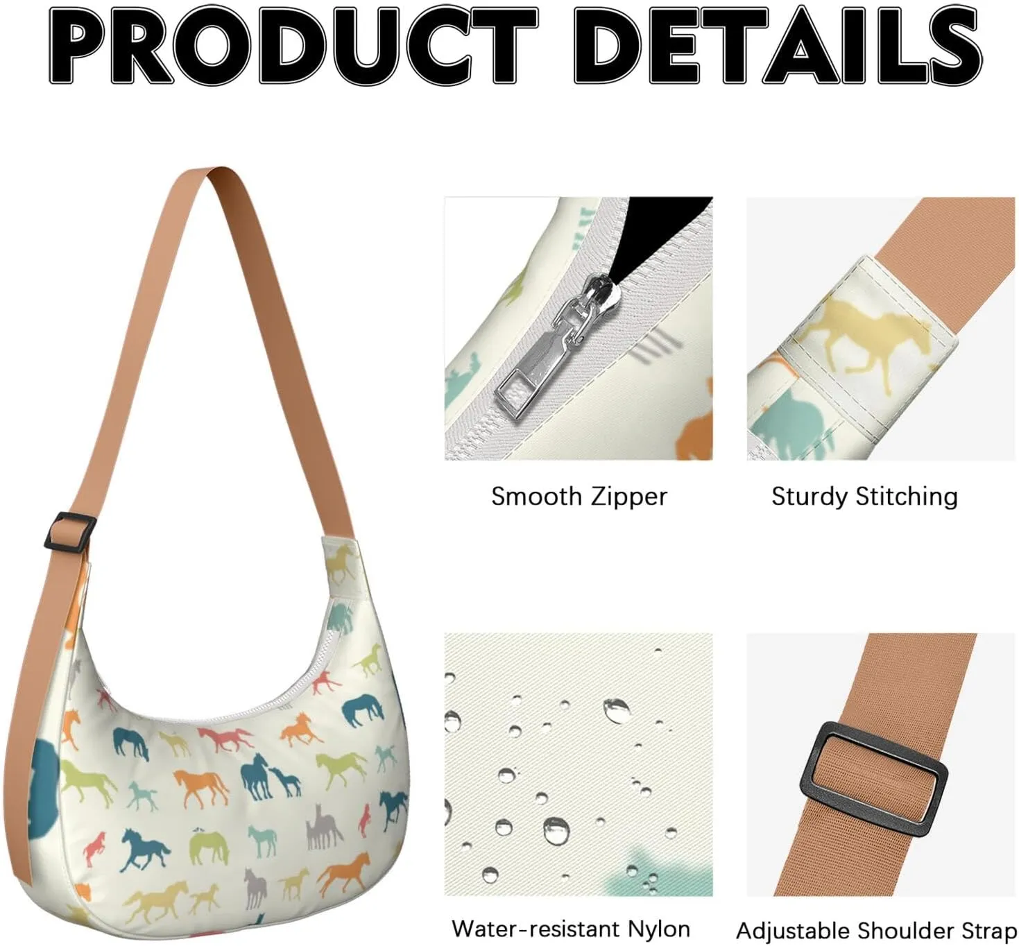 Horse Sling Crossbody Bag for Women Crescent Bag with Adjustable Strap Waterproof Nylon Pony Floral Shoulder Bag for Daily