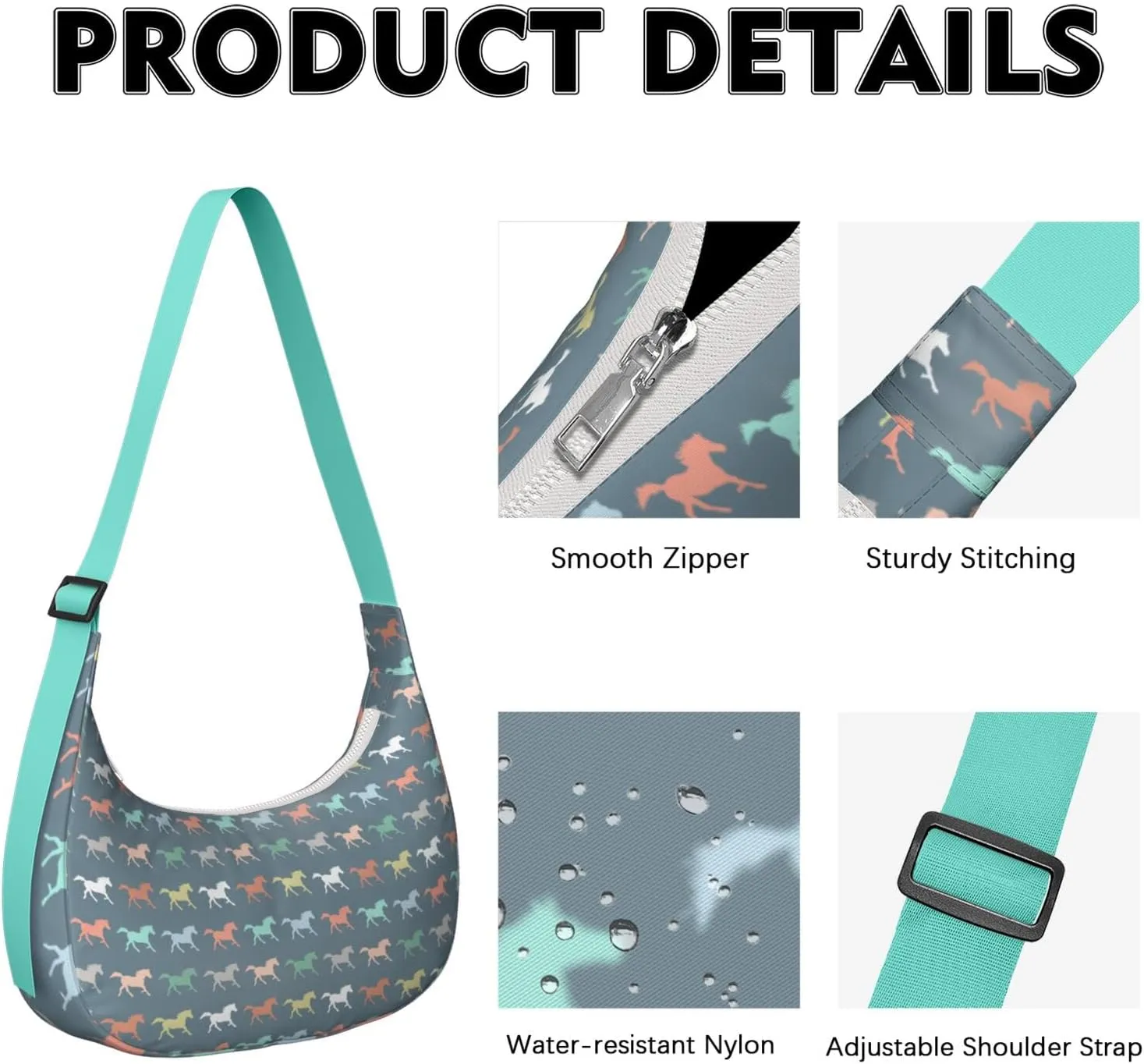 Horse Sling Crossbody Bag for Women Crescent Bag with Adjustable Strap Waterproof Nylon Pony Floral Shoulder Bag for Daily