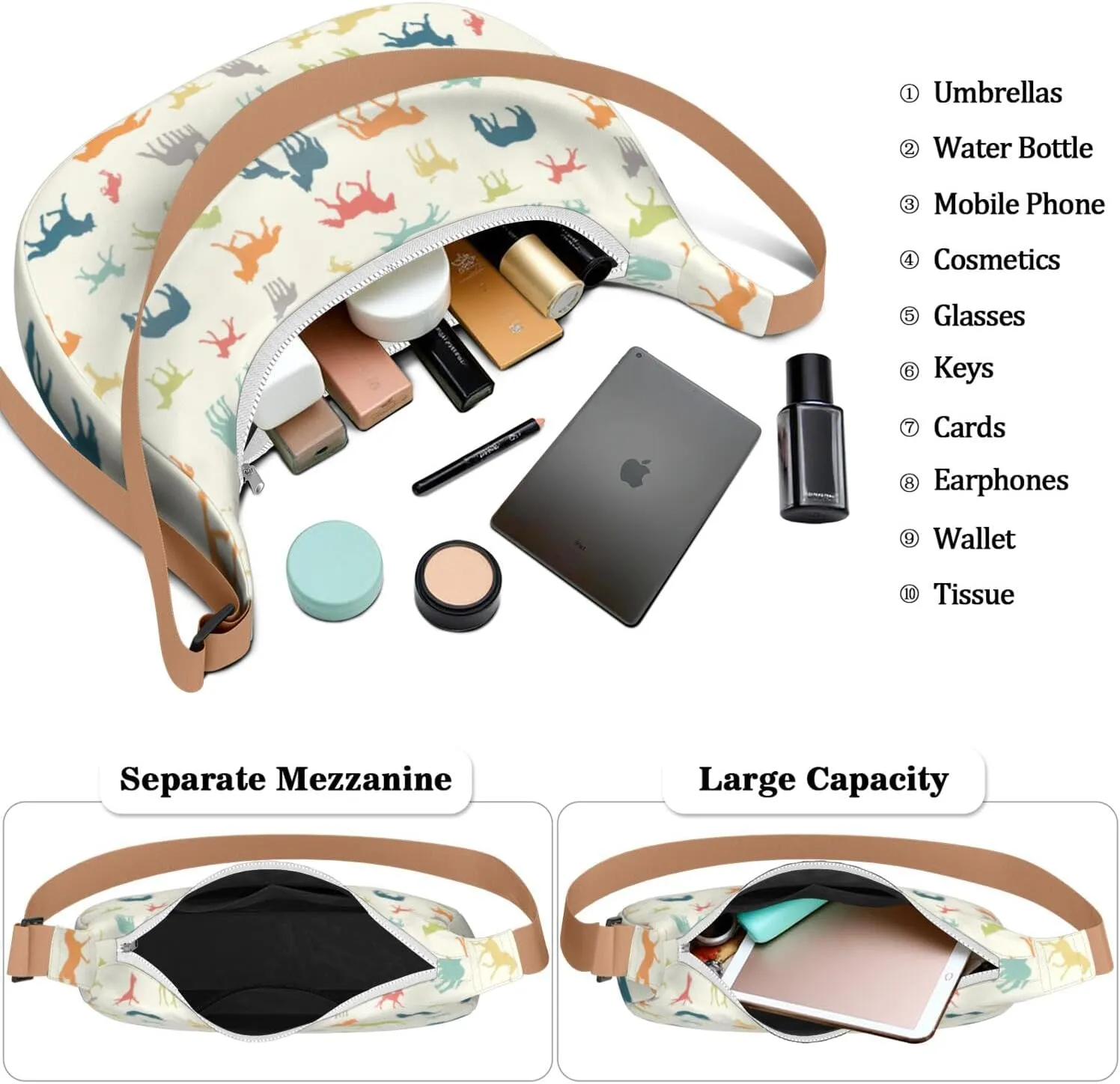 Horse Sling Crossbody Bag for Women Crescent Bag with Adjustable Strap Waterproof Nylon Pony Floral Shoulder Bag for Daily