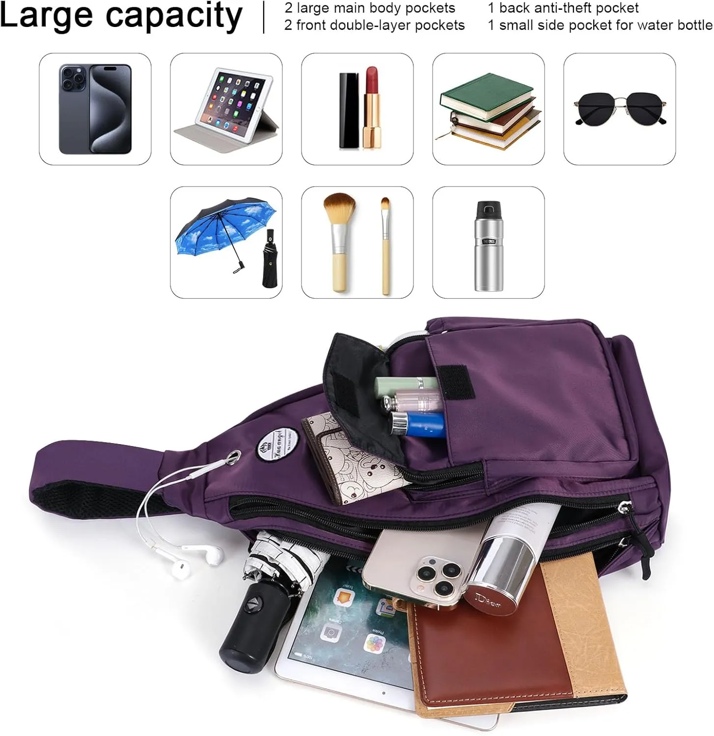 HUA ANGEL Crossbody Sling Bag for Men Women Lightweight Over the Shoulder Purse Day Bag Multipockets for Travel, Hiking, Gym