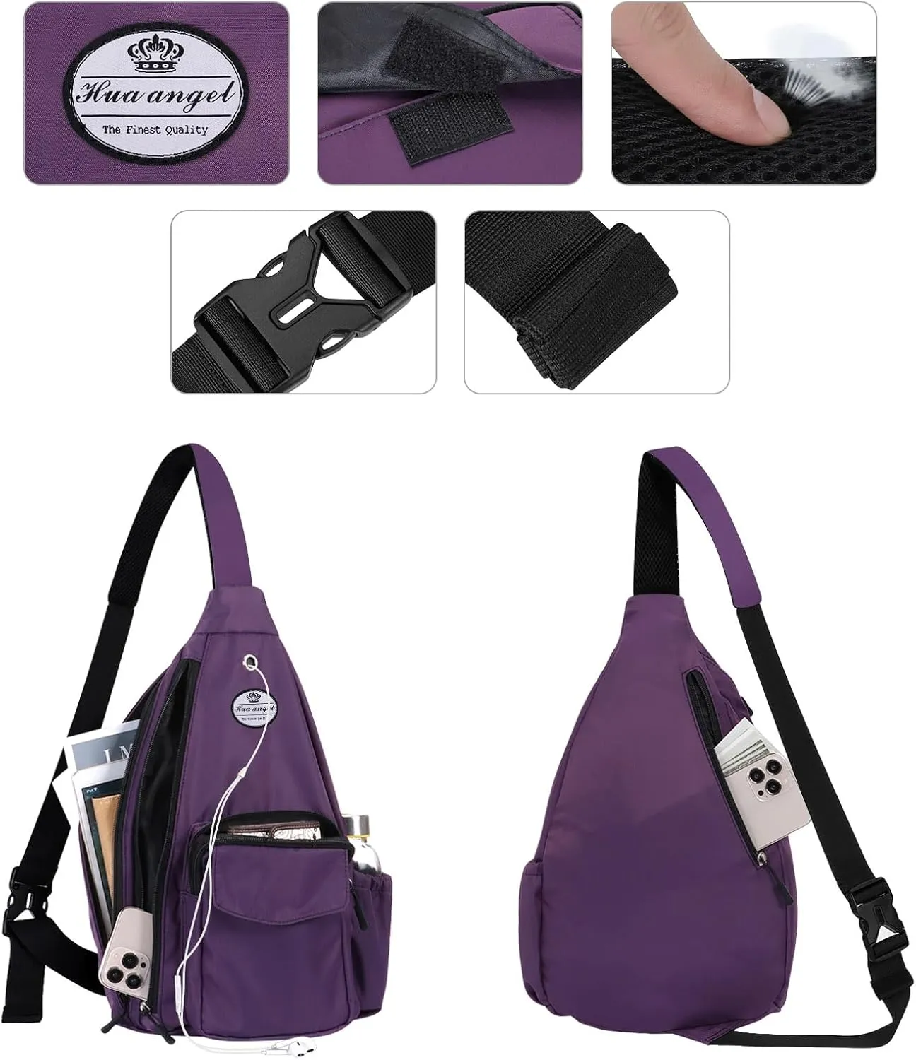 HUA ANGEL Crossbody Sling Bag for Men Women Lightweight Over the Shoulder Purse Day Bag Multipockets for Travel, Hiking, Gym