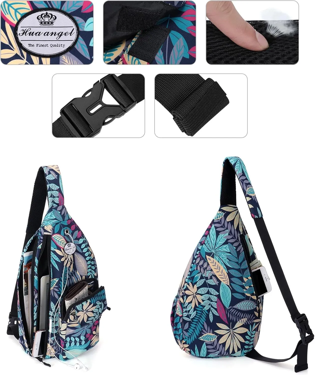 HUA ANGEL Crossbody Sling Bag for Men Women Lightweight Over the Shoulder Purse Day Bag Multipockets for Travel, Hiking, Gym