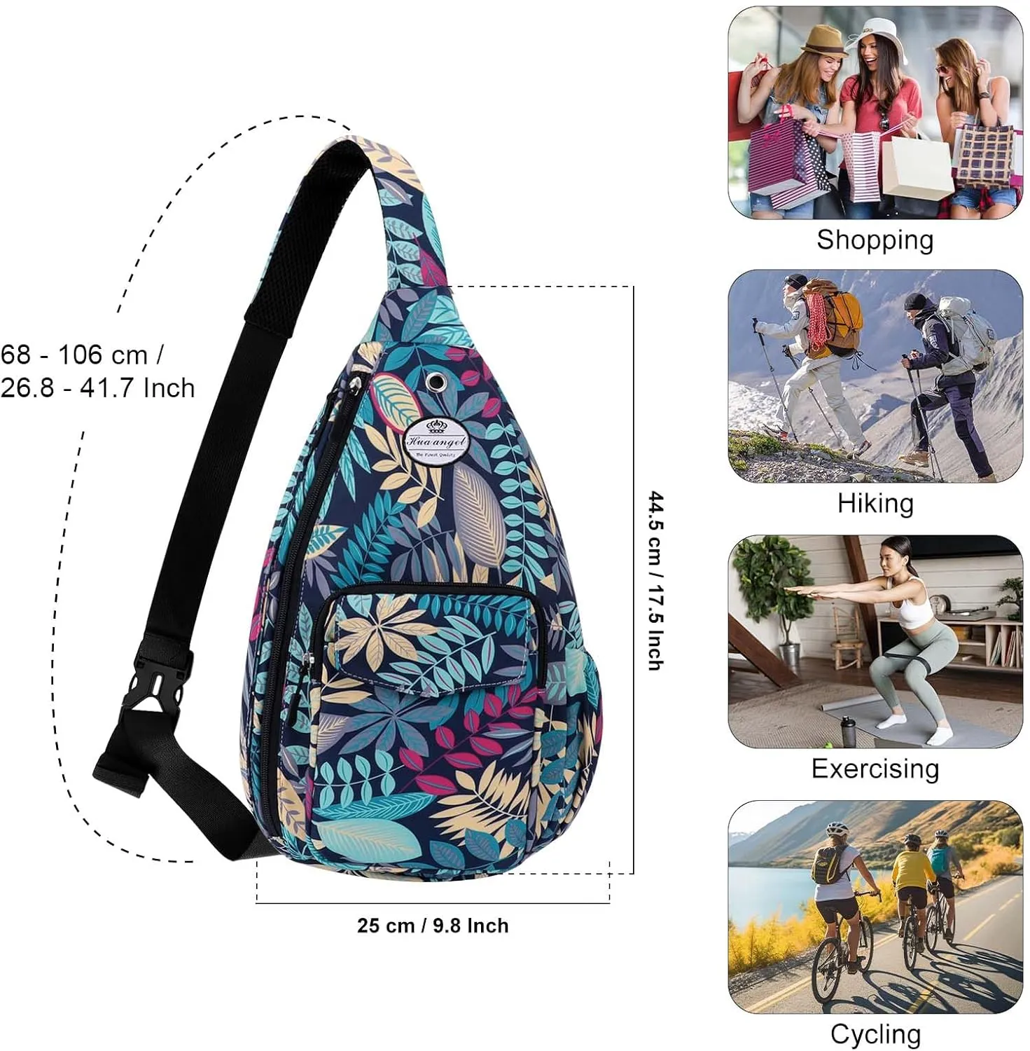 HUA ANGEL Crossbody Sling Bag for Men Women Lightweight Over the Shoulder Purse Day Bag Multipockets for Travel, Hiking, Gym