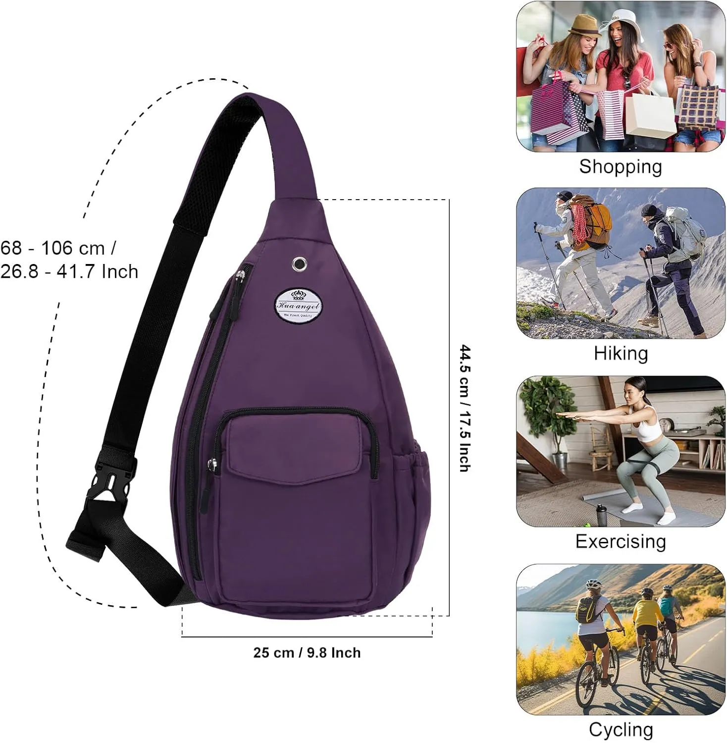 HUA ANGEL Crossbody Sling Bag for Men Women Lightweight Over the Shoulder Purse Day Bag Multipockets for Travel, Hiking, Gym