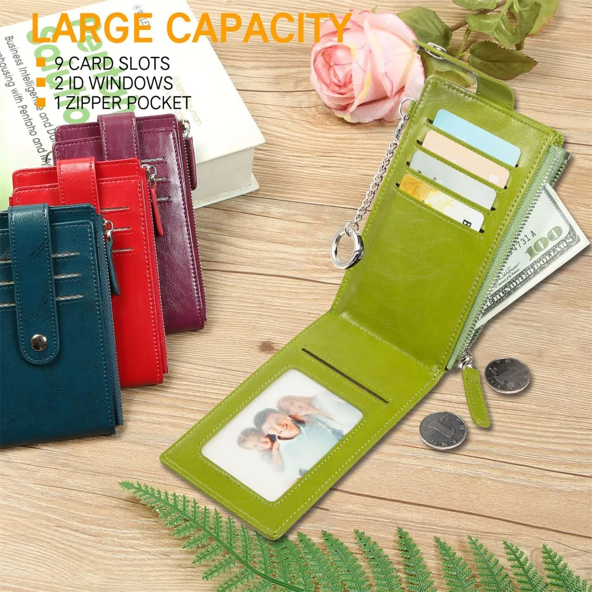 Huztencor Credit Card Holder for Women RFID Small Wallet Women Slim - Multi Zipper Card Case with Keychain