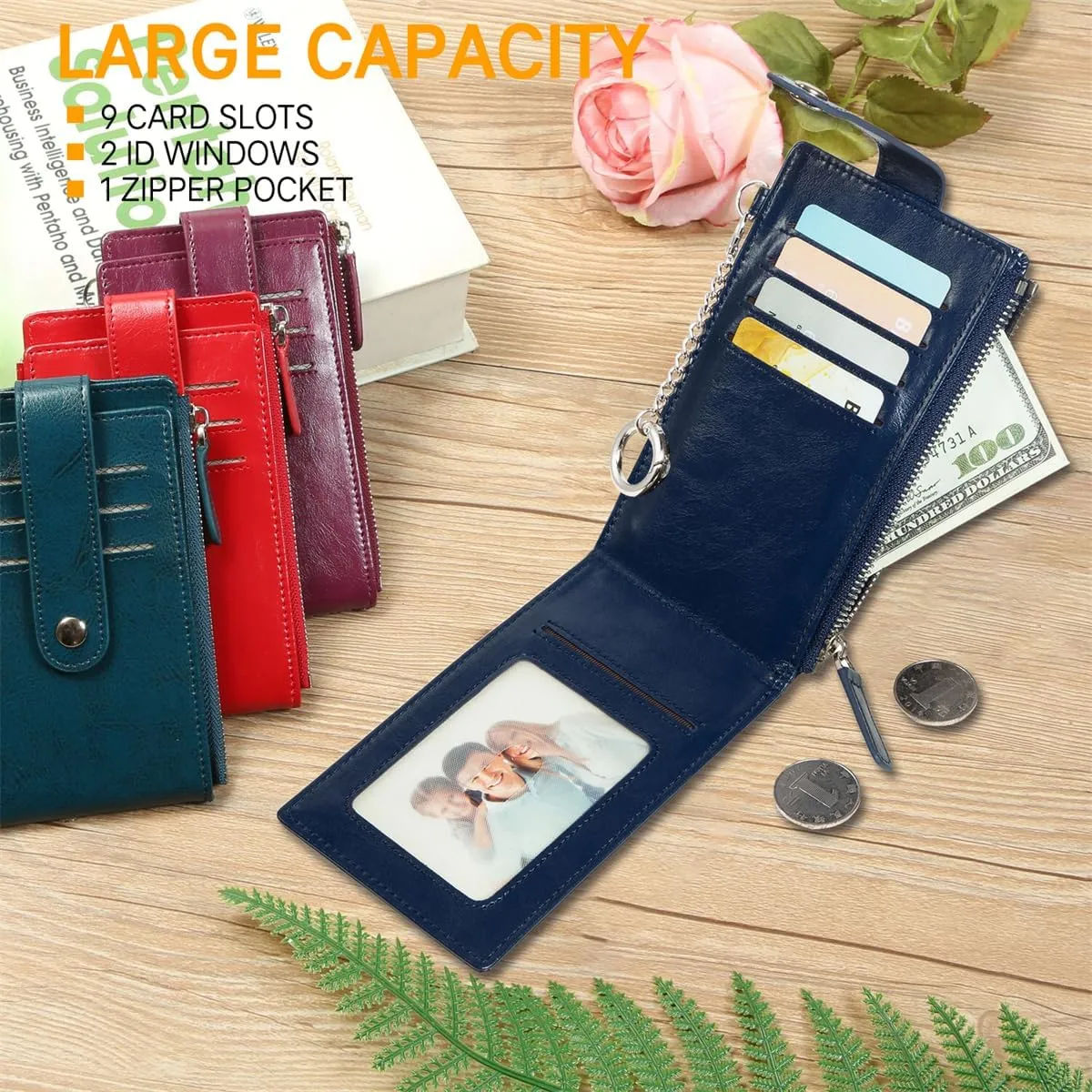 Huztencor Credit Card Holder for Women RFID Small Wallet Women Slim - Multi Zipper Card Case with Keychain