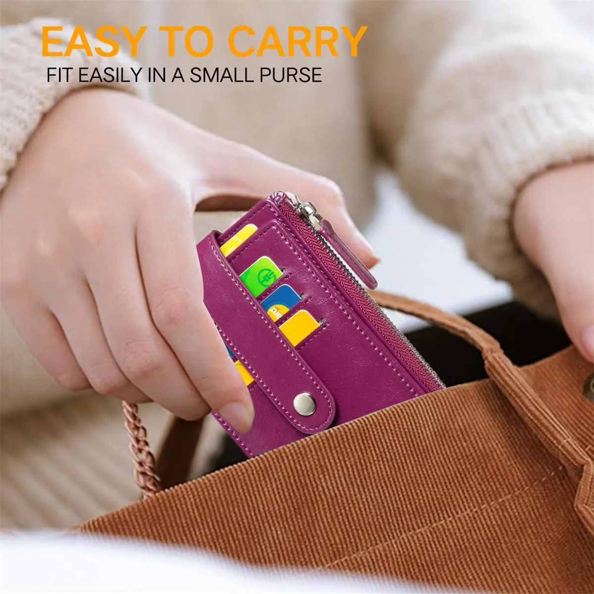 Huztencor Credit Card Holder for Women RFID Small Wallet Women Slim - Multi Zipper Card Case with Keychain