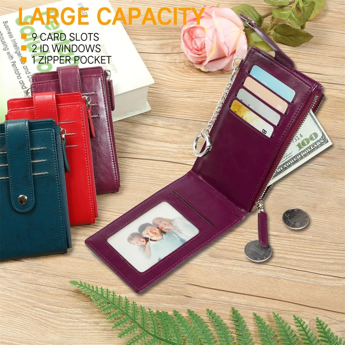 Huztencor Credit Card Holder for Women RFID Small Wallet Women Slim - Multi Zipper Card Case with Keychain