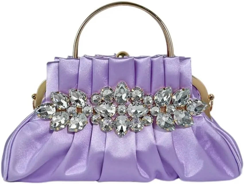 IAMUHI Women Retro Satin Evening Handbag Pleated Rhinestone Clutch Bag Party Wedding Crossbody Shoulder Purse with Chain